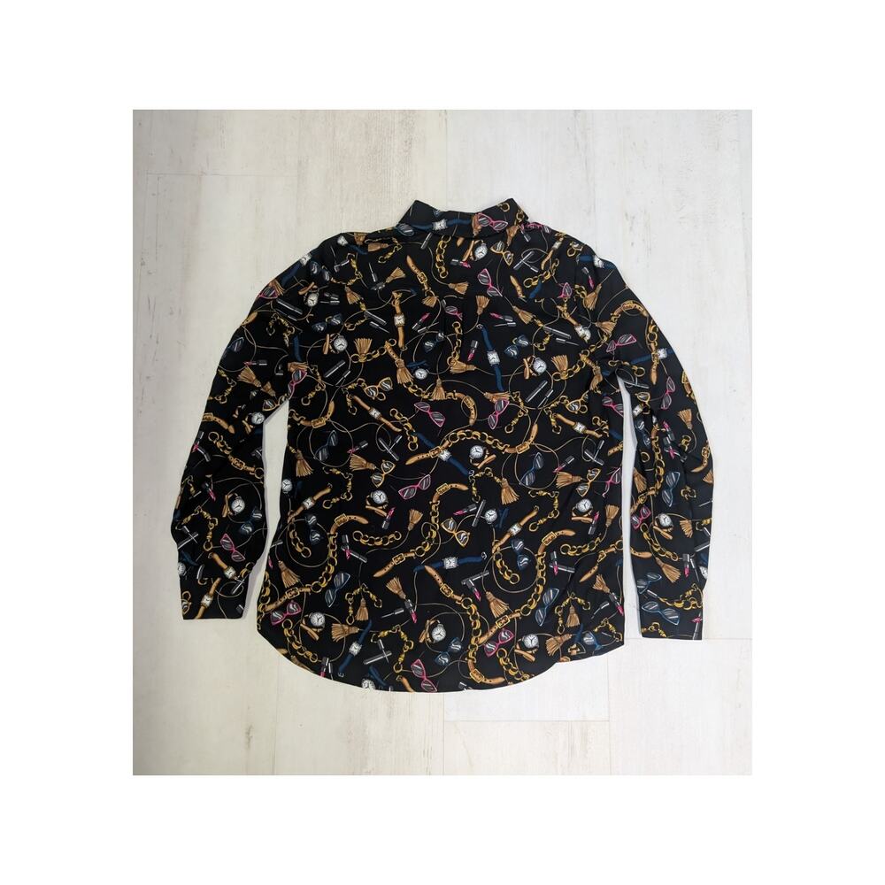 Apt. 9 XS Black Novelty Print Blouse Chain Sunglasses Lipstick Button Front XS - Picture 3 of 10